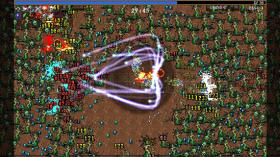 A screenshot of Vampire Survivors with a bunch of zombies coming after the player.